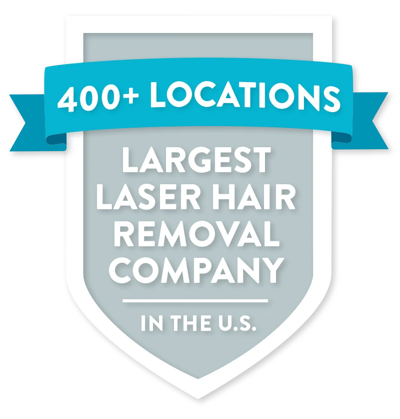 Badge for Milan showing it has 380+ locations, making it the largest laser hair removal company in the United States
