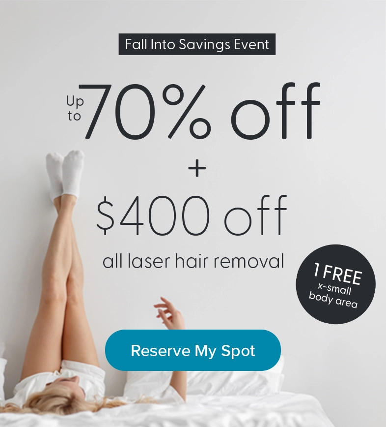 Fall Into Savings Event, up to 70% off + $400 off all laser hair removal, 1 FREE x-small body area.